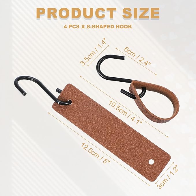 uxcell 4 Pcs PU Leather S Hooks, Multifunctional S Shaped Hooks for Hanging Coat Towel Camping Kitchen Bathroom Handle, Brown