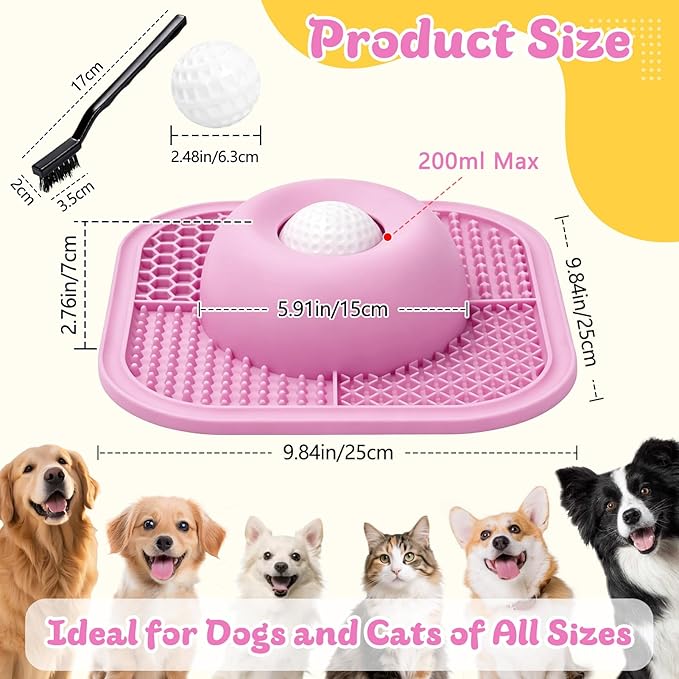 Slow Feeder Dog Bowls & Lick Mat for Liquid and Thick Treat, Anti-Slip Dog Lick Bowl with Interactive Rolling Ball, 5/6 Cup Pup Licking Toy for Large Medium Small Dogs and Cats Pink