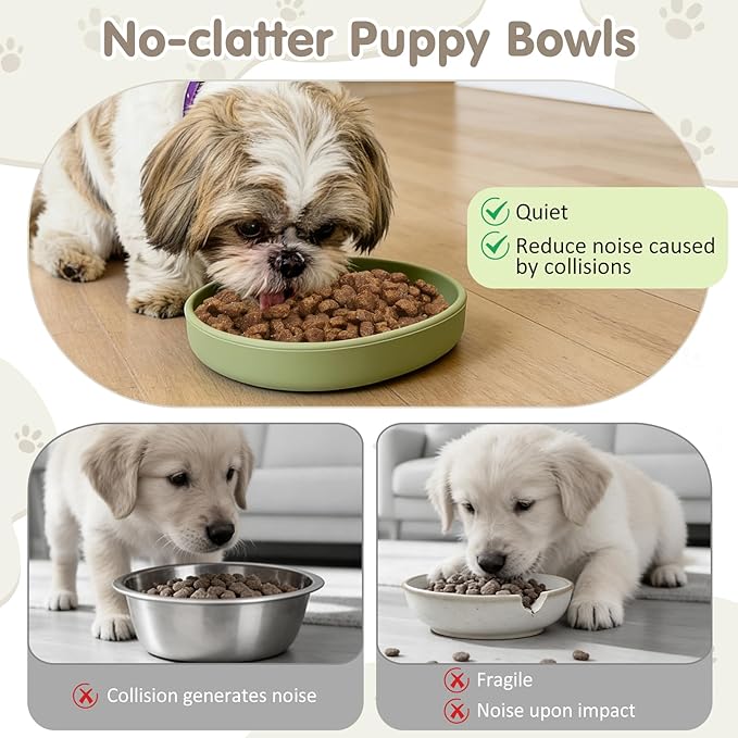 VCEPJH Silicone Dog Plates for Food Shallow Pet Bowl Flat Puppy Food Bowl Whisker Fatigue Cat Feeding Bowls Noiseless Dishes for Dry and Wet Food (Square-Round Green)