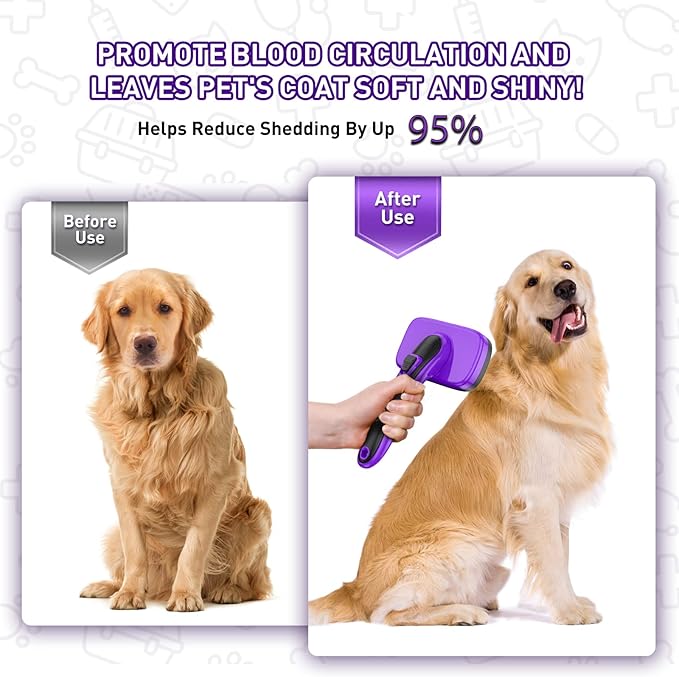 Self Cleaning Slicker Brush for Dog and Cat - Skin Friendly Shedding & Grooming Tool for Long and Short Haired Pets,Easy Clean Retractable Bristles, Purple