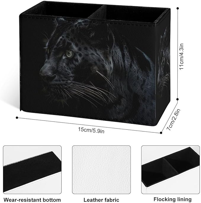 Famame Black Leopard Pencil Holder for Desk, Leather Desktop Container Pen Cup Storage Study Table Pen Organizer Makeup Brush Holder for Classroom Office Home