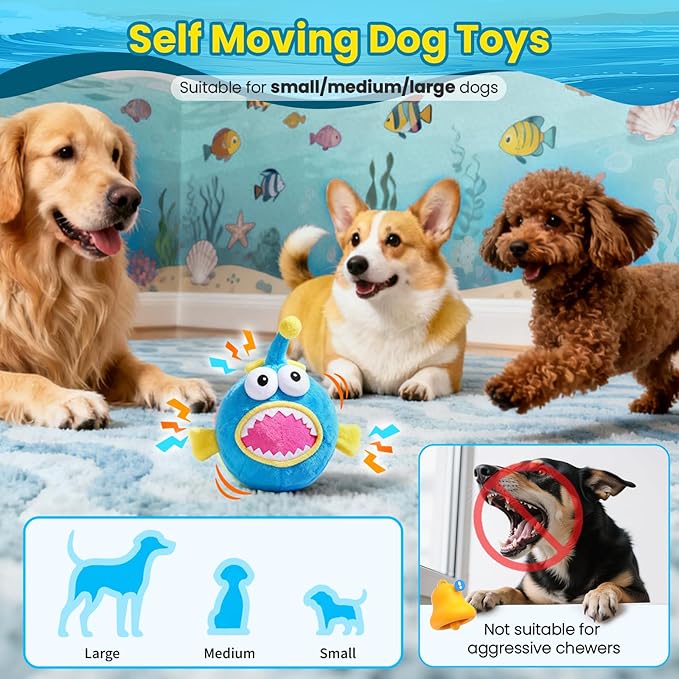 Interactive Dog Toys, Self Moving Dog Toy to Keep Them Busy, Electronic Vibrating Dogs Toy/Squeaky Bouncing Ball for Small Medium Large Dogs with Jumping Music Talking Silent Mode (Lanternfish)