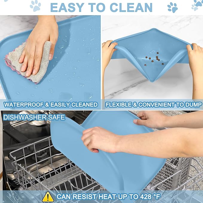 Silicone Pet Food Mat with Raised Edge for Food and Water Bowl, Dog Feeding Mats, Cat Food Trays for Floor Waterproof, Rubber Tray for Dogs and Cats, 24 x 16 x 0.8 Light Blue