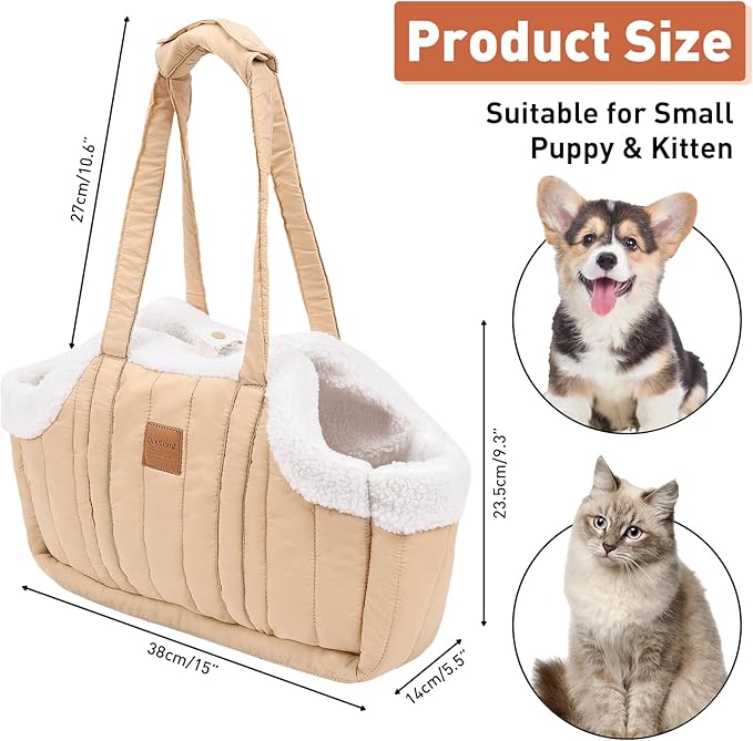 ETIAL Small Dog Carrier Purse, Winter Fleece Warm Dog Tote Bag Carrier with Secure Harness Clip for Puppy Kitten, Waterproof Pet Travel Handbag for Shopping, Hiking and Walking (Beige)