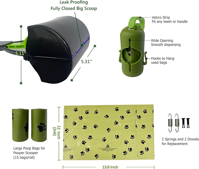 ShinyDew 32" Pooper Scooper for Large Small Dogs with 30 Dog Poop Bags & Dispenser Attachment, Extra Long Handle Heavy Duty Poop Scoop, Foldable Dog Poop Picker Upper for Yard