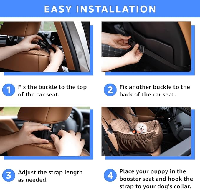 Dog Car Seat for Small Dogs, Washable Pet Booster Seats with Clip-On Safety Leash, Comfy Deluxe Plush Carseat with Storage Pockets, Puppy Car Travel Carrier Bed for Dogs Under 25 lbs, Brown
