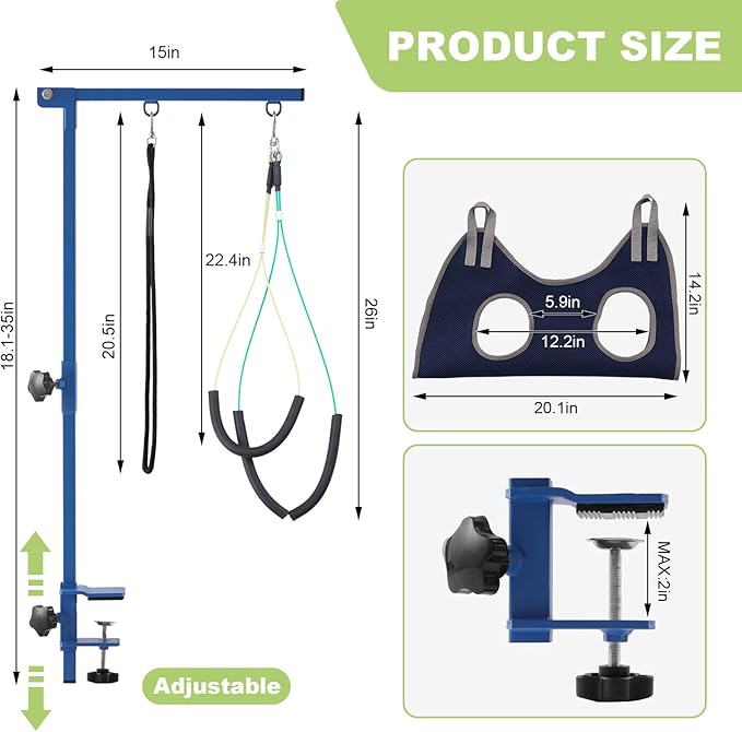 Home Dog Grooming Table Arm with Hammock 35" Height Adjustable Dog Grooming Arm with Clamp No-Sit Haunch Holders Durable Blue(Grooming Table Not Included)
