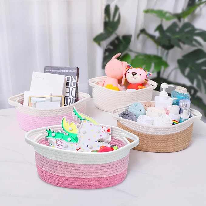 ABenkle Small Basket with Gift Bags and Ribbons, Empty Gift Baskets for Mother's Day, Decorative Boho Rope Woven Nursery Storage Organizer Toy Baskets with Handle for Baby Showers, 12"X 8" X 5"