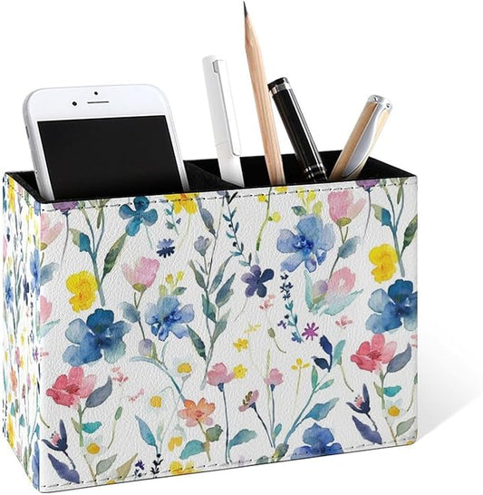 Famame Watercolor Colorful Floral Leaves Pencil Holder for Desk, Leather Desktop Container Pen Cup Storage Study Table Pen Organizer Makeup Brush Holder for Classroom Office Home