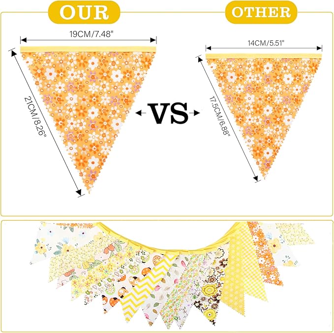 G2PLUS 39Ft Triangle Bunting Banner, 42Pcs Yellow Floral Garland Pennant Banner, Reusable Cotton Triangle Flags Party Decoration for Birthday, Wedding, Garden Tea Party, Baby Shower, Room Decor