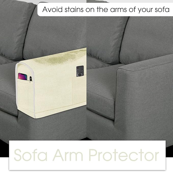 Joywell Armrest Covers for Living Room Anti-Slip Sofa Arm Protector for Dogs, Cats, Pets Linen Armchair Slipcover for Recliner with 4 Pockets for TV Remote Control, Phone, Set of 2, Beige White