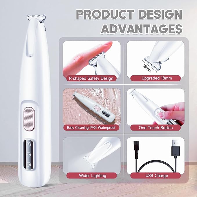 Micro Precision Dog Paw Trimmer, Pet Paw Trimmer with LED Light, Electric Pet Clippers Rechargeable, Grooming Shaver for Dogs Cats Rabbits Eyes Face Ears Feet Rump Hair, Paw Cleaner Waterproof (Gray)