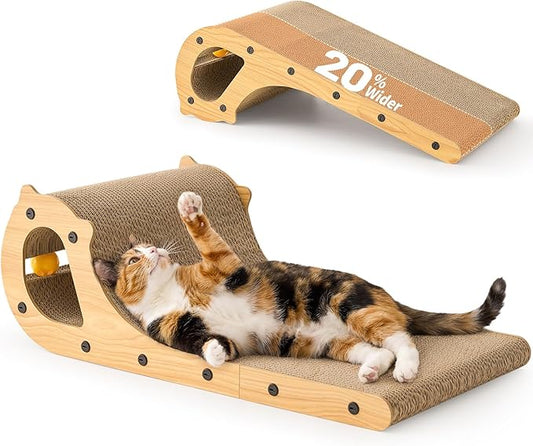 2 in 1 Cat Scratcher Bed for Indoor Cats, Large Cardboard Scratching Pad with Bell Ball Toy for Kitty As Scratch Lounge Couch with Double-Sided Usability