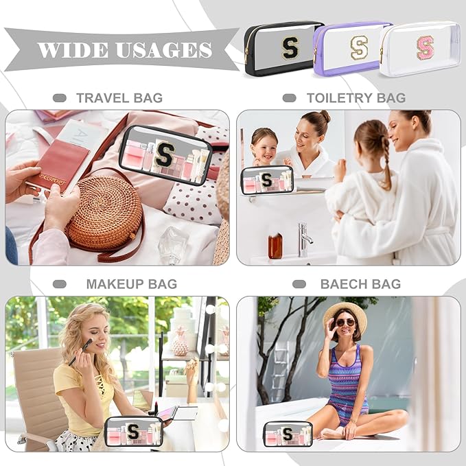 Personalized Initial Letter Clear Makeup Bag,Preppy Small Nylon&PVC Cosmetic Zipper Bag with Chenille Letter,Travel Skincare Toiletry Bag,Monogram Christmas Gift for Teen Girls Women,S