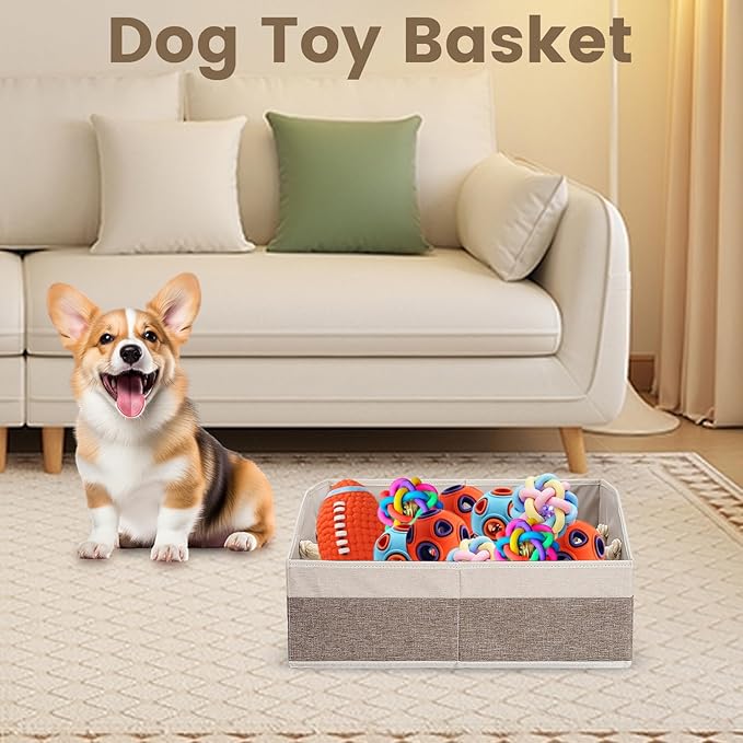 Large Dog Toy Basket With Handle, Foldable Dog Toy Box for Living Room Area, 20" Basket for Dog's Toys, Clothes, Organizers and Storage with Hard Board, Anti-slip for Pet Toys (Brown, Medium)
