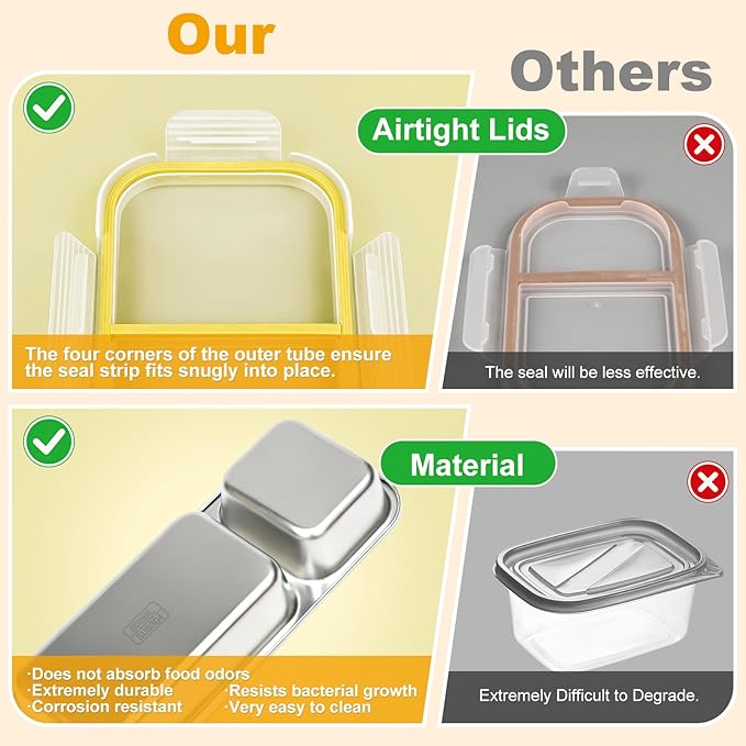 Stainless Steel Snack Containers with Lids, 2 Compartment Snackle Box Airtight Leakproof, Reusable Bento Box Food Storage Containers for Lunch Travel Picnics Office
