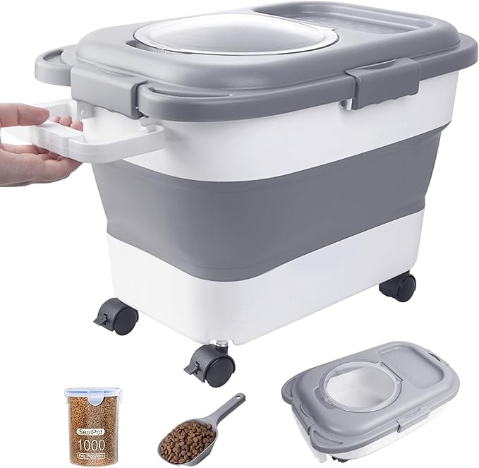 DDMOMMY 15-23 Lbs Dog Food Storage Container, Collapsible Dog Food Container with Airtight Lid, Wheels, Handle, Large Cat Food Storage Container with Scoop, Dog Bowl for Dog Cat