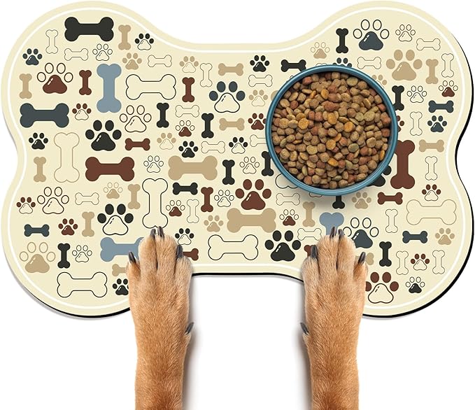 Dog & Cat Food Mat Bone Shaped Pet Feeding Mat Quick Absorb Water Bowl Placemat with Rubber Backing Indoor Floor Stain Resistant Pet Accessory Supplies (Beige, 12x24 Inches)