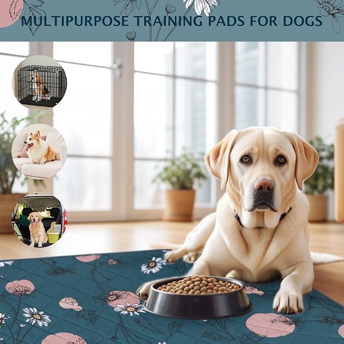 IEUUMLER Washable Pee Pads for Dogs, 1 Pack Non-Slip & Waterproof Pack Whelping Pad, Reusable Washable Puppy Potty Training Pad with Fast Absorbent for Playpen EU007 (Navy Blue Daisy, 48"X48"-1pcs)