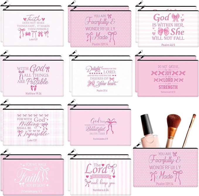 Reginary 20 Pieces Pink Christian Cosmetic Bags Bulk for Women Christmas Coquette Bow Religious Makeup Bags Gifts with Zipper Christian Pouch Toiletry Inspirational Church Party Gifts, 7 x 4.3 Inches