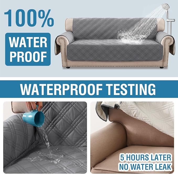 H.VERSAILTEX 100% Waterproof Couch Covers for 3 Cushion Couch Sofa Modern Sofa Slipcovers with Elastic Straps Thick Soft Furniture Protector Pet Friendly(Sofa, Grey/Beige)