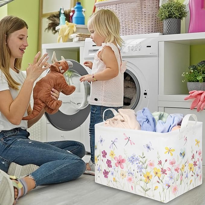 FXOCSHE Boho Flower Nursery Basket,Waterproof collapsible storage box,Fall Wildflower Floral Dandelion Storage Bin,Plant Butterfly baby girl gift basket,Girls Bedroom Boho Flower Decor(Dandelion)