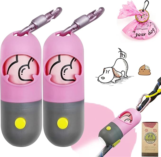 Dog Poop Waste Bags Holder with LED Flashlight|Cute Doggie Poo Bags Dispenser for Pet Leash|Trash Waste Bags Carrier with Potty Bags Clip Fastener LR44 Button Cells Included(2 Pack) (Pink)