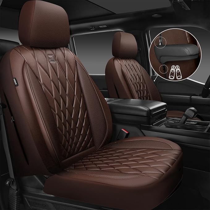 CAR PASS Piping Luxury Faux Leather Seat Covers Full Set, 5 Seats Anti-Slip Waterproof Seat Covers Compatible with Front Armrests, Universal Fit for Suvs,Vans,Trucks,Airbag Compatible, Pure Brown