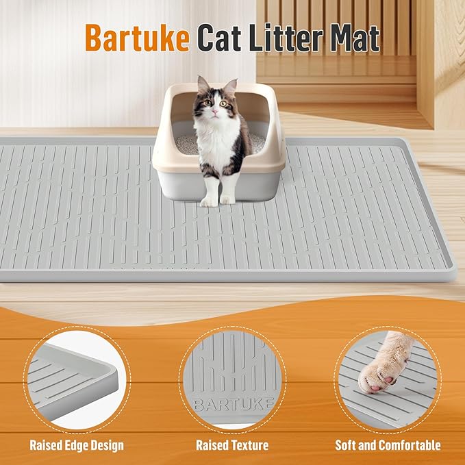 Silicone Cat Litter Mat, 40" x 22" Extra Large Cat Litter Box Mat Litter Trapping Mat for Scatter Control, Waterproof, Soft on Kitty Paws, Clean Floor (Grey)
