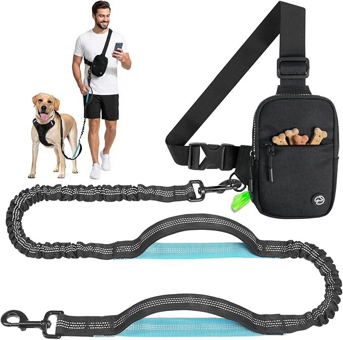 Hands Free Crossbody Dog Leash Bag with Built-in Poop Bag Dispenser & Storage, Dual Bungee Shock-Absorbing Leash with Dual Handles for Small, Medium, Large Dogs Walking or Training (Black)