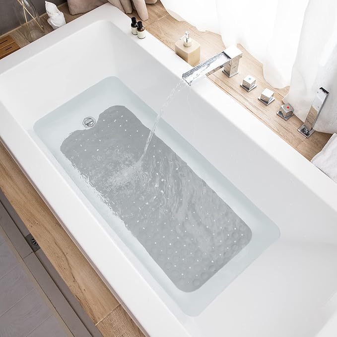 Bathtub Mats for Shower Tub, Extra Long Non-Slip 39 x 16 Inch Bath Mat with Drain Holes and Suction Cups, BathMat for Bathroom with Machine Washable (Opaque Gray)