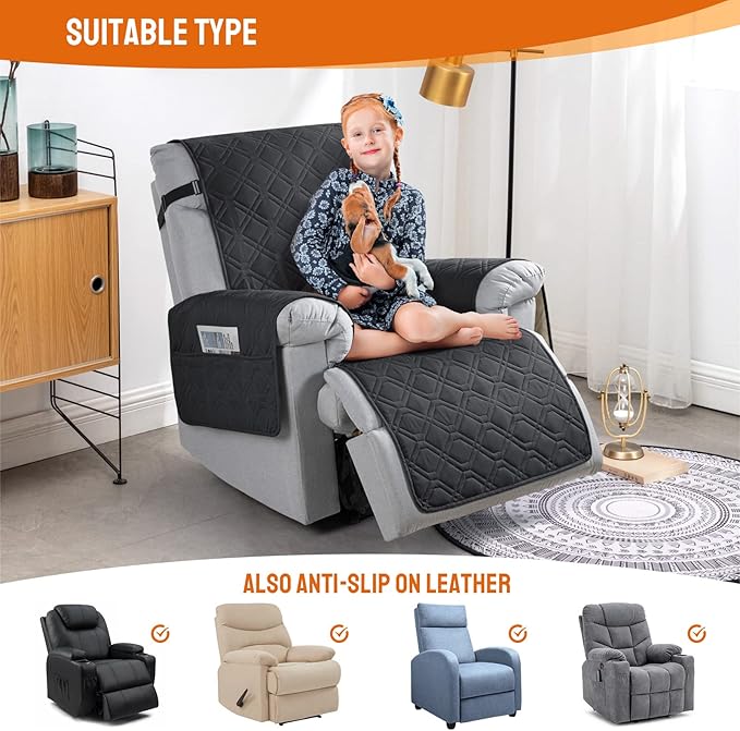 VANSOFY 100% Waterproof Recliner Chair Covers, Recliner Cover Non-Slip Dog Chair Cover Furniture Protector Washable Slipcover with Pocket, Elastic Straps for Pets, Dogs(Black, 20")