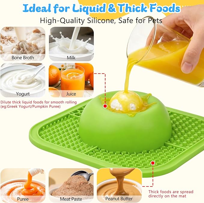 Slow Feeder Dog Bowls & Lick Mat for Liquid and Thick Treat, Anti-Slip Dog Lick Bowl with Interactive Rolling Ball, 5/6 Cup Pup Licking Toy for Large Medium Small Dogs and Cats Green