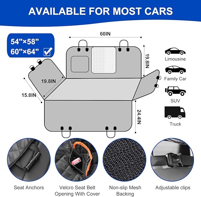 EasyHaWei Dog Car Seat Cover for Back Seat 600D Scratchproof Nonslip Durable Waterproof Cars Pet Backseat Covers with Mesh Window Dogs Hammock for Car，SUV, Truck (60" W x 64" L)