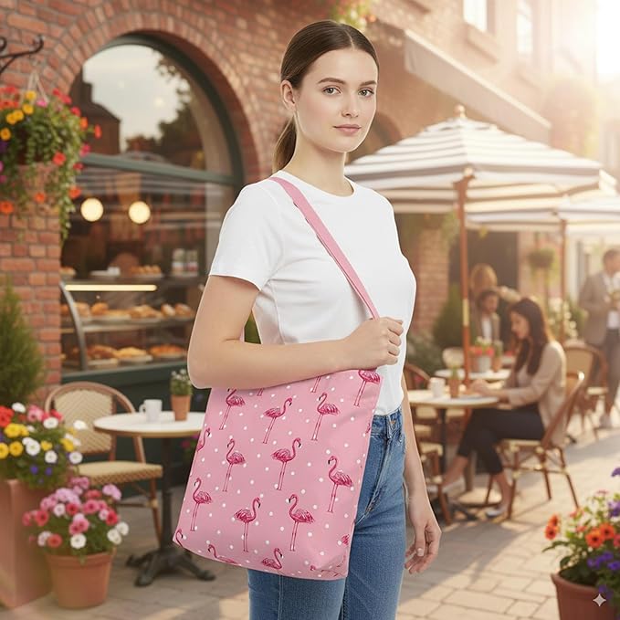 BeeGreen Pink Flamingo Ultimate Crossbody Tote Bag - Reusable Grocery Shopping Bag - Foldable Compact Portable Machine Washable