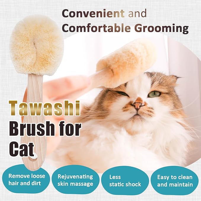Cat Grooming Massage Tawashi Brush with Wood Handle Less Static Natural Sisal Fiber Made in Japan (Type-A)