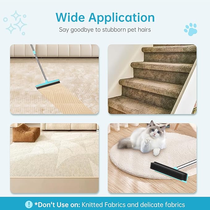 SOCCSO Carpet Rake - 60" Long Handle Pet Hair Removal with Metal Fabric Edge Design,Carpet Rake for Pet Hair Removal, Dog Cat Fur Remover Rubber Broom,Rug,Car Mat,Couch,Pet Bed,Furniture(4 Pack)