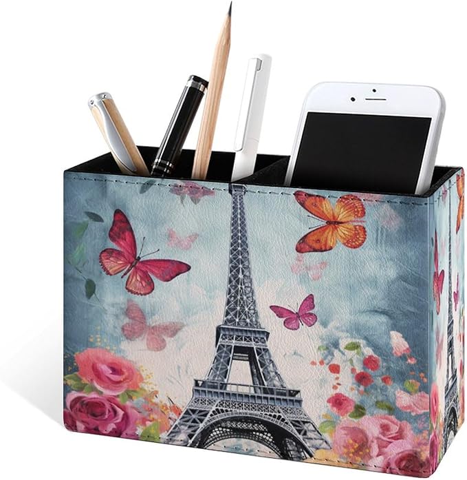 Famame Butterflies Eiffel Tower Flowers Pencil Holder for Desk, Leather Desktop Container Pen Cup Storage Study Table Pen Organizer Makeup Brush Holder for Classroom Office Home