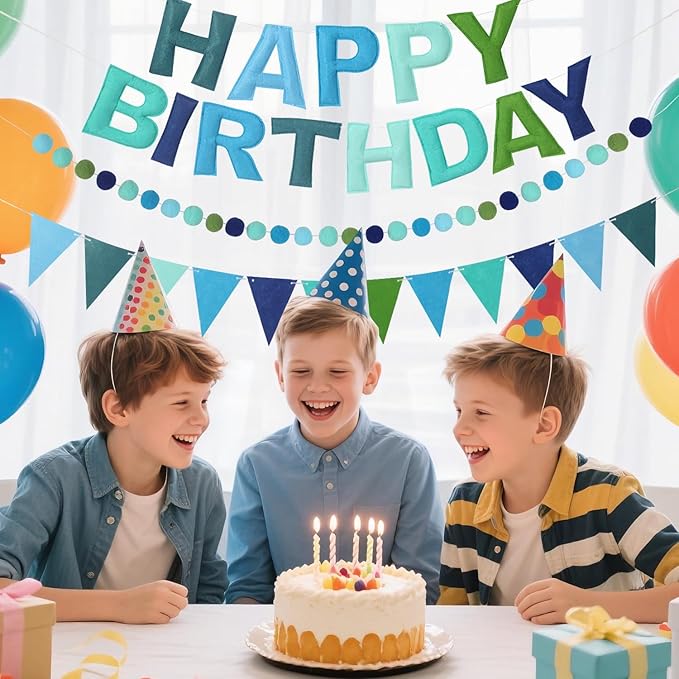 Pre-Strung Happy Birthday Banner - Felt Ball Garland HAPPY BIRTHDAY Pennant, Multicolor Bunting String Triangle (Blue)