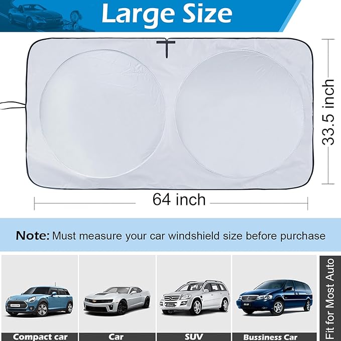 IC ICLOVER Car Windshield Sun Shade, 210T Material Foldable Front Window Sun Visor Protector, Blocks Heat and UV Rays Sun Protection Shield, Keep Your Car Cool, Fits Vans, MPV, Large Vehicles (Large)