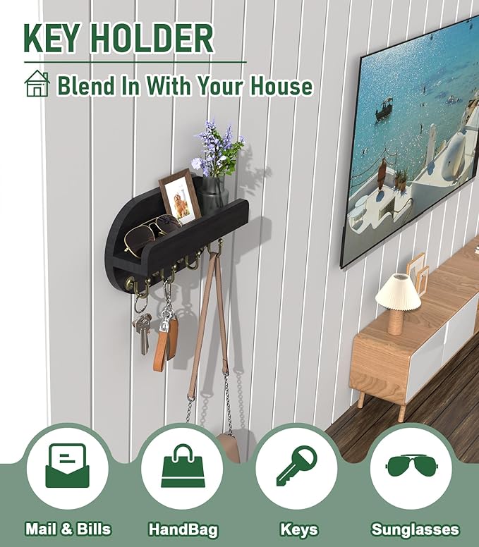 buways Key Holder for Wall Mount Decorative Key and Mail Holder with Shelf,Modern Key Rack for Home Wall Decor for Apartment Office Entryway Front Door Living Room (Stylish Black)