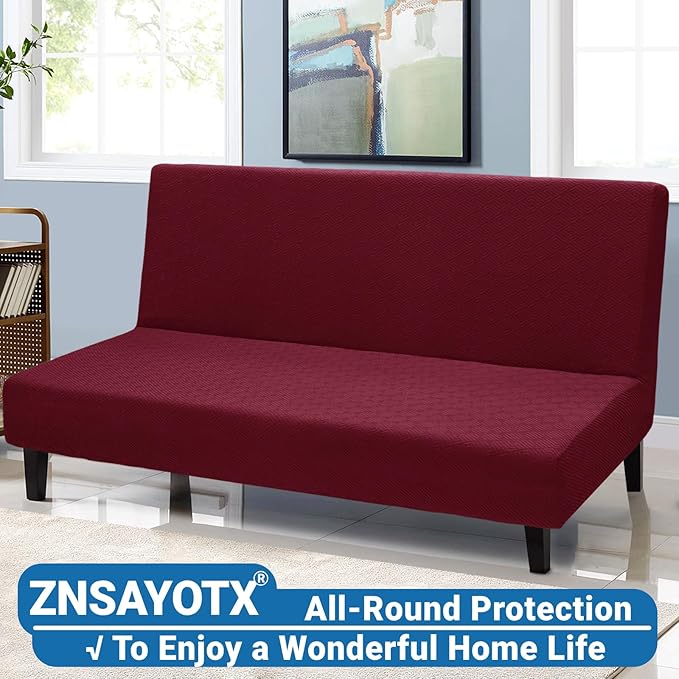 ZNSAYOTX Stretch Fit Futon Cover (67"-82") Armless Futon Sofa Bed Slipcover with Elastic Band, Universal Foldable Sofa Mattress Protector Full Queen Size, Washable Comfort Jacquard (Wine Red)