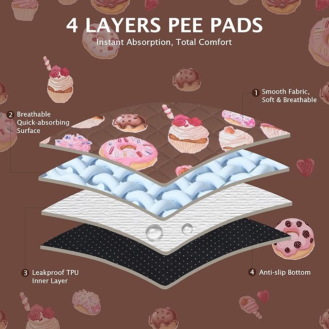 IEUUMLER Washable Pee Pads for Dogs, 2 Pack Cake Pattern Reusable Waterproof Puppy Potty Pads, Non-Slip Absorbent Pet Training Pads for Playpen Crate Bed EU015 Coffee Cake, 41x41
