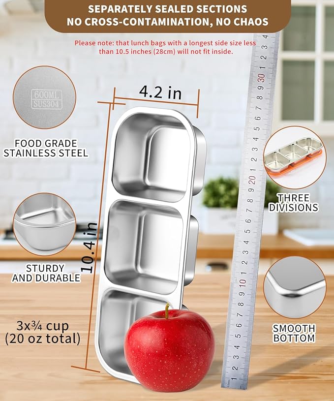 4 Pack Bento Box,Stainless Steel Snack Containers With Lids,Leak Proof Metal Lunch Box with 3 Compartments,Reusable Lunch Meal Prep Containers for office,Work,Travel For Adults Little One