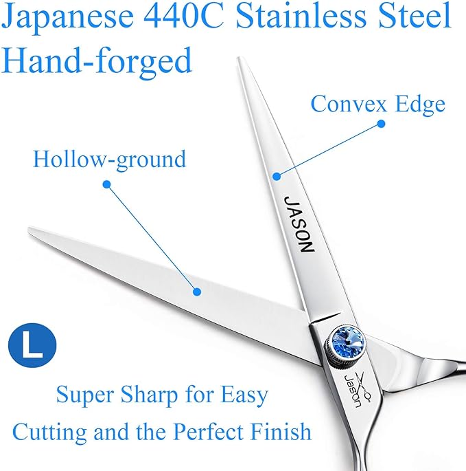 JASON Left Handed 7" Dog Grooming Scissors Set, 3 in 1 Ergonomic Blending, Curved, Straight Cat Pet Hair Trimming Thinning Professional Kits with Offset Handle and a Jeweled Screw
