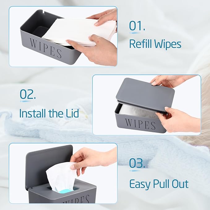 Singhoow 3 Pack Baby Wipes Dispenser Holder Wipe Container for Bathroom with Lid Toilet Tissue Paper Storage Refillable Box for Home Office Cars(Small,Gray)