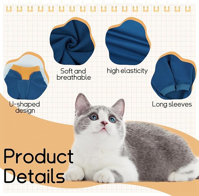T'CHAQUE Sticky Hair Cat Onesie - Soft Long Sleeve Cat Pajamas, Anti-Shedding,Surgery Recovery Suit, Wound Protection & Preventing Licking, Kitten Sweaters for Male Female, Blue-S