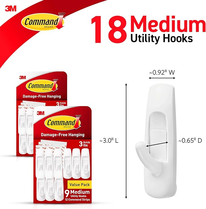 Command Medium Utility Wall Hooks with Adhesive Strips, No Tools Required for Hanging Organizational Items in Living Spaces, 18 White Hooks and 24 Strips