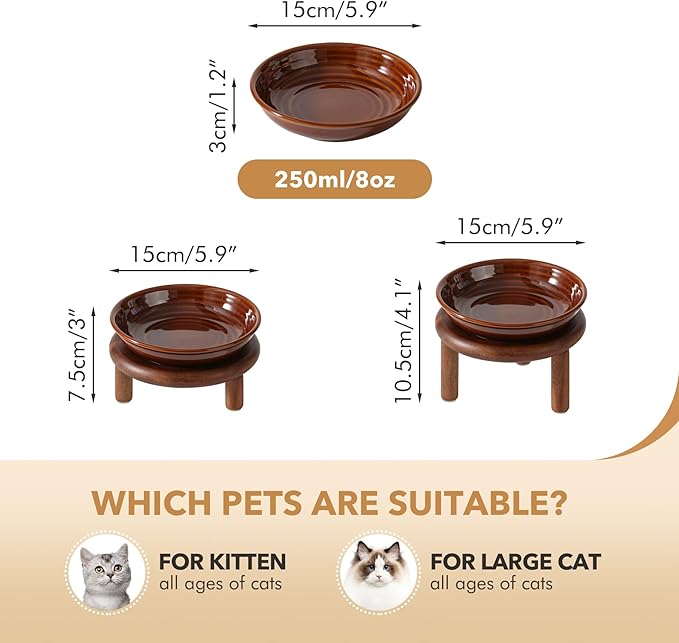 Elevated Ceramic Cat Dish, Wide Whisker Friendly Anti-Slip Food & Water Bowl with 2 Heights Adjustable Acacia Wooden Stand - Pet Bowl Set for Cats (1 Dish + 1 Stand, Caramel Brown)