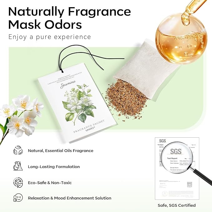 MYARO 12 Packs Jasmine Scented Sachets for Drawer and Closet, Long-Lasting Air Freshener Sachet Bag Drawer Car Bathroom Deodorizers Fresh Scent Home Fragrance